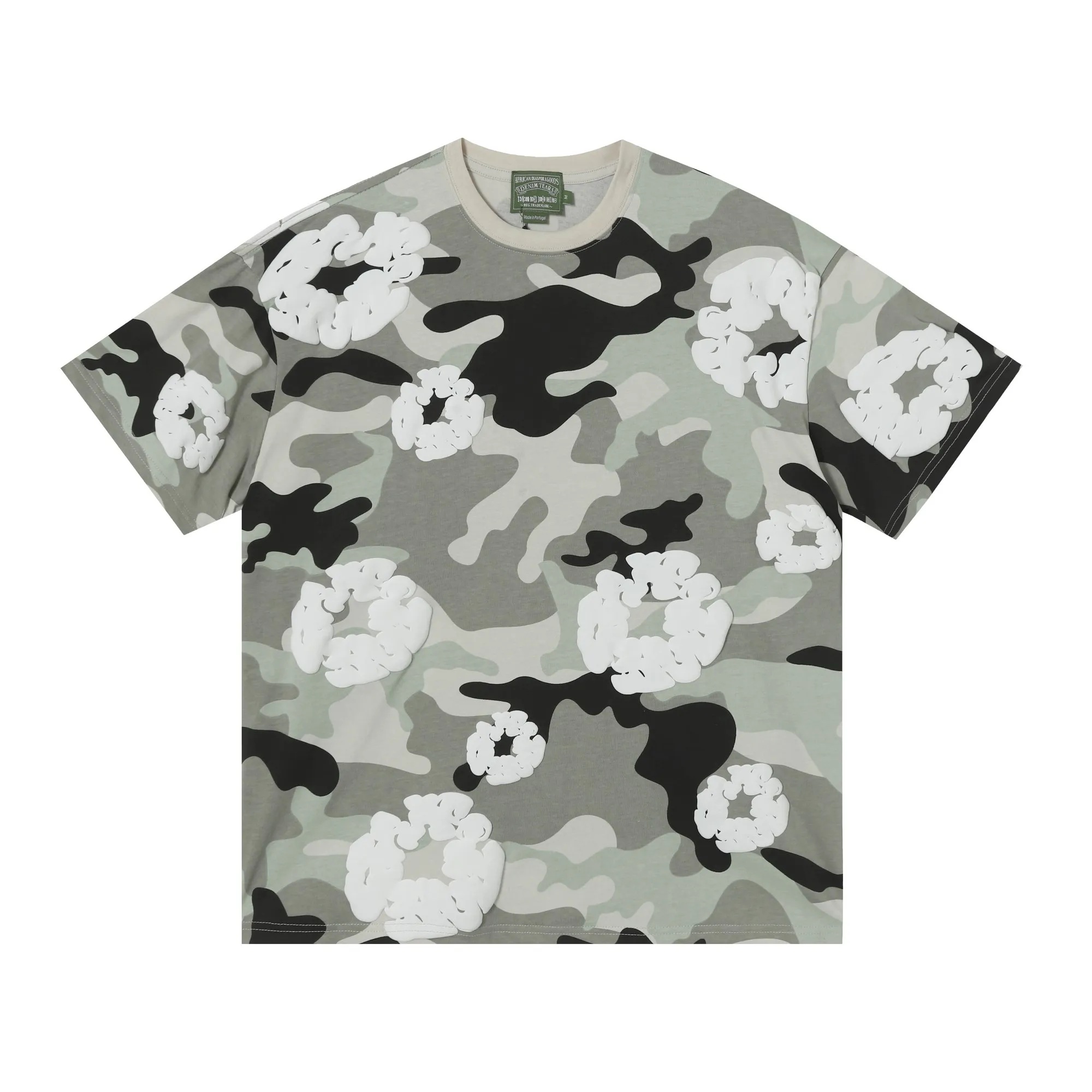 208# DENIM TEARS Kapok European and American trendy brand high quality foam flocking camouflage printed short-sleeved suit Color Camouflage blue Camouflage powder Camouflage gray Camouflage apricot Camouflage green Size S-XL